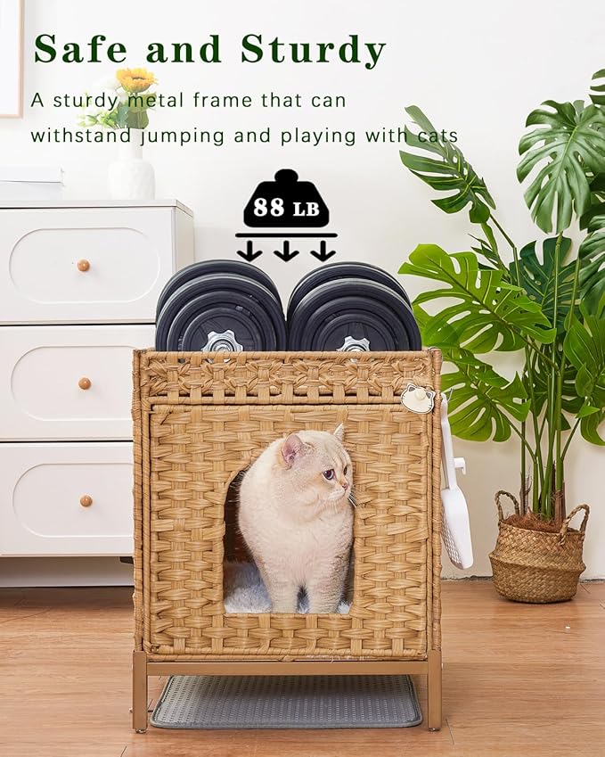 Cat Litter Box Enclosure Hidden Litter Box Furniture with Metal Heightened Feet, Rattan Handwoven Cat House with Litter Mat, Hidden Litter Box Furniture for Bedroom Living Room Natural-PawvioPets