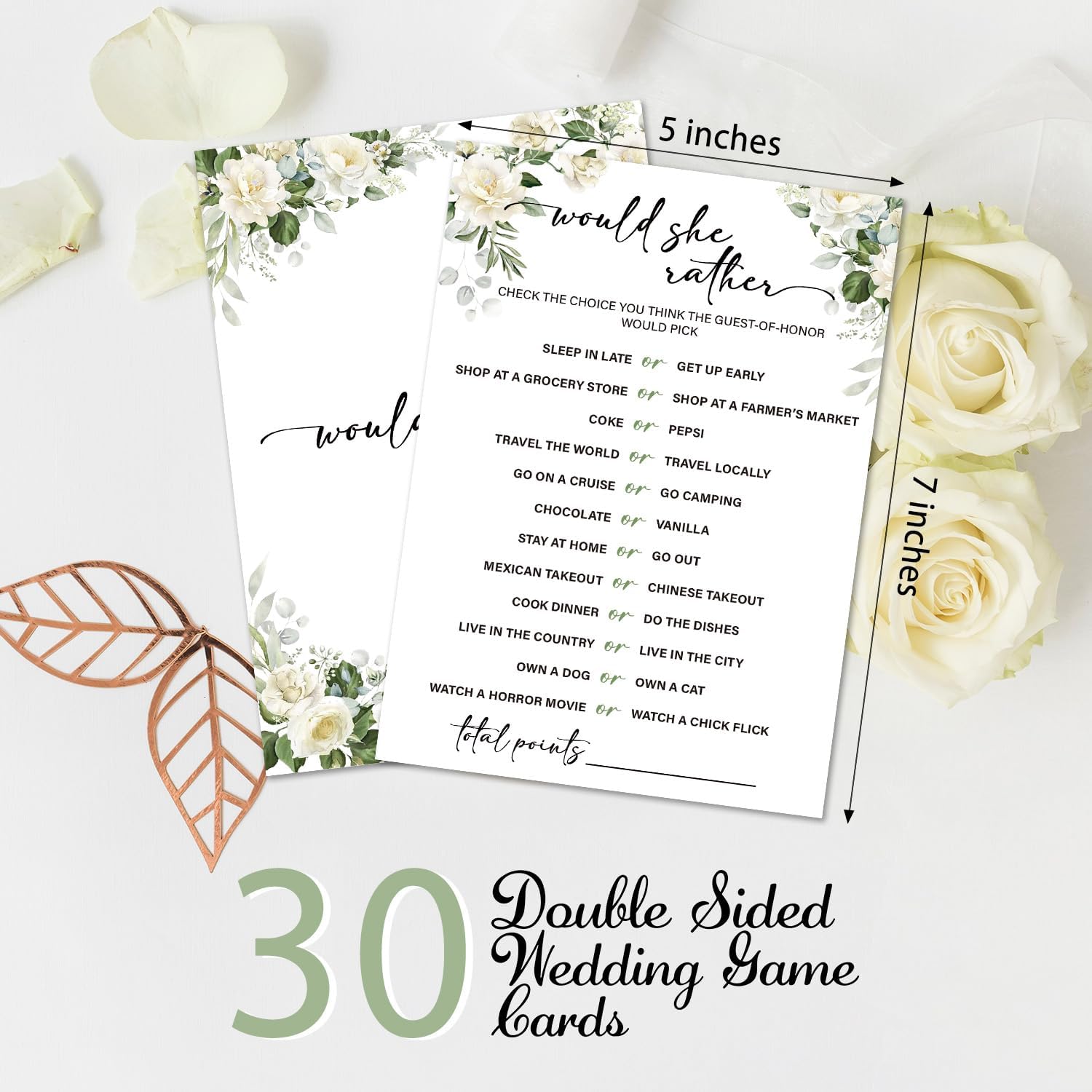 Eucalyptus Bridal Shower Games 30 Guests, Would She Rould Bridal Games for Showers, White Rose Wedding Engagement Party Activity Party Supplies/Green-03