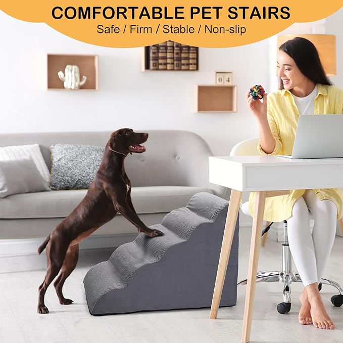 Dog Stairs for Bed, 5 Tier Dog Steps for Couch and High Bed, Non-Slip Pet Stairs, 24" High Sofa Foam Ramp - Best for Small Pets, Older Cats with Joint Pain-PawvioPets