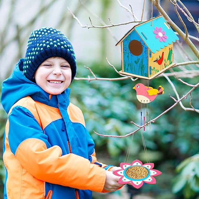 Fennoral 12 Pack Bird House Craft Kit for Kids Make You Own Bird Wind Chime Kit DIY Build and Paint Wooden Birdhouses Bird Feeder Art and Craft for Spring Yard Garden Outdoor Decoration-PawvioPets