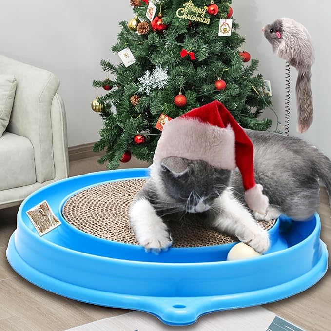 AUOON Cat Scratcher Toy - Cat Scratch Pad with Cat Toy Ball Track and Plush Mouse Toy for Indoor Cats and Kittens (Blue)-PawvioPets
