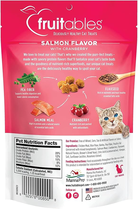 Fruitables Cat Crunchy Treats For Cats – Healthy Low Calorie Packed with Protein – No Wheat, Corn or Soy – Made with Real Salmon with Cranberry – 2.5 Ounces-PawvioPets