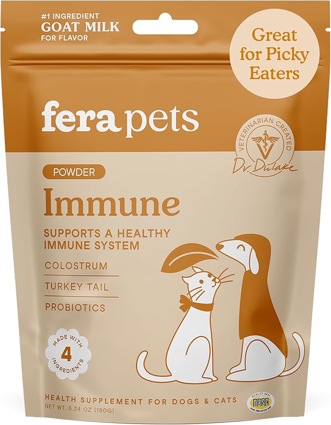 Fera Pets Immune Goat Milk for Dogs & Cats with Colostrum, Organic Turkey Tail Mushroom, & Probiotics - Improves Immune Response - for Picky Eaters - Powder - 60 TSP-PawvioPets