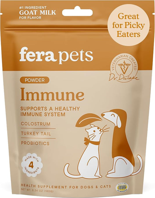 Fera Pets Immune Goat Milk for Dogs & Cats with Colostrum, Organic Turkey Tail Mushroom, & Probiotics - Improves Immune Response - for Picky Eaters - Powder - 60 TSP-PawvioPets