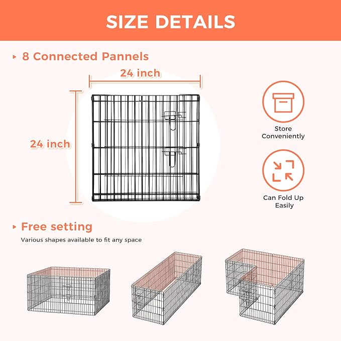 Foldable Dog Playpen 24" Height 8 Panels Metal Exercise Pen with Door - Indoor/Outdoor Puppy Playpen for Small Dogs, Portable Pet Fence for Yard Garden Camping, Black-PawvioPets