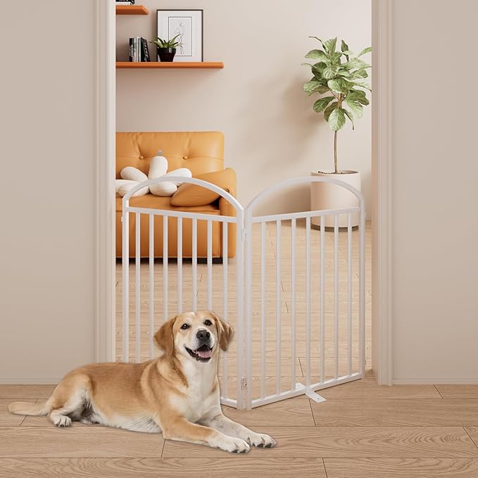2 Panles Full Matel Freestanding Dog Gates with Door, 48"Extra Wide 32"Tall Free Standing Dog Pet Gate for Indoor & Outdoor. Foldable Pet Fences for Doorways, House, Stairs, Porch, Deck, Yard-PawvioPets