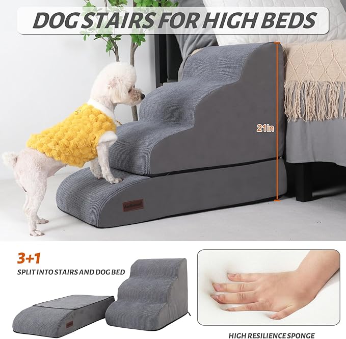 4-Step Dog Stairs and Ramp for Beds or Couches – Non-Slip Sturdy Pet Steps for Small Dogs and Cats,21" H,Grey-PawvioPets