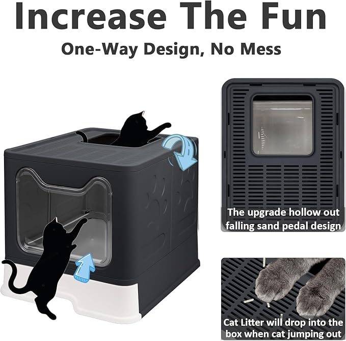 Foldable Cat Litter Box with Lid, Enclosed Potty, Large Top Entry Anti-Splashing Toilet, Easy to Clean Including Litter Scoop and 2-in-1 Cleaning Brush (Black)-PawvioPets