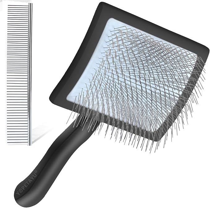 Dog Slicker Brush for Shedding and Grooming Medium or Long Haired Cats, Extra Long & Soft Pin Slicker Brush for Removes Loose Hair, Tangles, Knots, Undercoat, Free Pet Comb, Large Black-PawvioPets