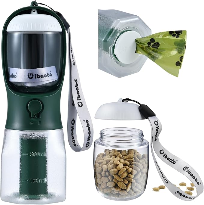 Dog Water Bottle with Food Container & Poop Bag Holder, Travel Water Bowl, Portable Pet Dispenser, Dog Stuff Accessories Items, Puppy Essentials Necessities for Yorkie Chihuahua Walking Hiking-PawvioPets