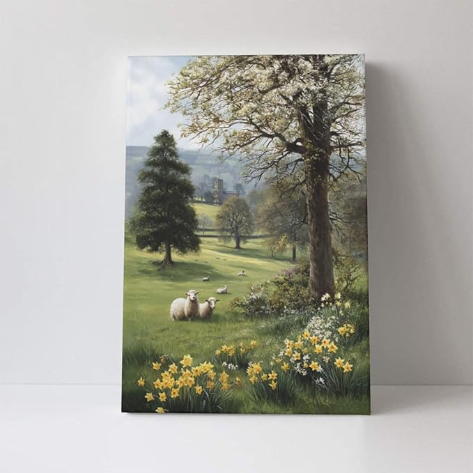 Country Sheep Canvas Wall Decor Farmhouse Rustic Lamb Wildflower Wall Art Nature Countryside Landscape Pictures Painting Print Framed Artwork Decorations for Bathroom Living Room Bedroom 16"x24"-PawvioPets