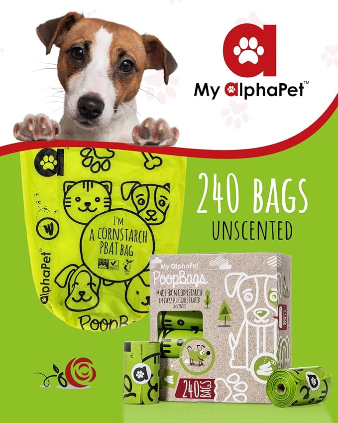 Compostable Dog Poop Bags, Cornstarch Eco-Friendly, HOME COMPOST NF T 51-800, 240 Count, Large Size Bag 9x13 Inches, 16 Unscented Refill Rolls, Leak-proof, Plantbased, GM-Free Corn (Green)-PawvioPets