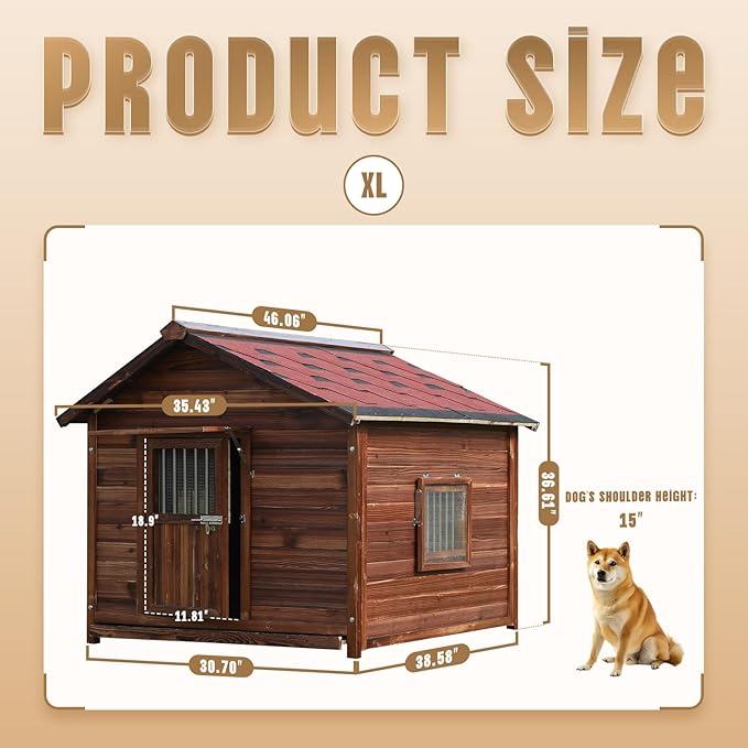 Extra Large Dog House Outdoor Made of Solid Pine Wood, Warm Doghouse, Dog House with Elevated Floor for Large Dogs, (Wood, XL)-PawvioPets