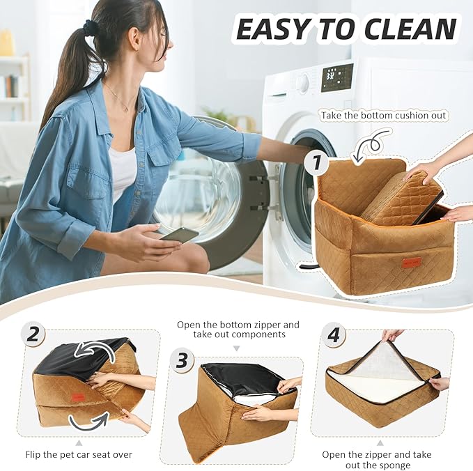 Dog Car Seat for Small Medium Dogs, Memory Foam Dog Booster Seats with Thick Cushion for Dogs Under 35lbs, Detachable Washable Pet Car Seat Travel Bed with Storage Pockets,2 Safety Belt-PawvioPets