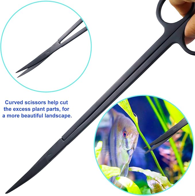 Aquarium Aquascape Tools Kit, Long 15 Inch Stainless Steel Aquatic Plants Tools, 4 in 1 Anti-Rust Black Aquascaping Tweezers Scissors Spatula Scrapers Tool Set for Fish Tank Cleaning Plant Trimming-PawvioPets