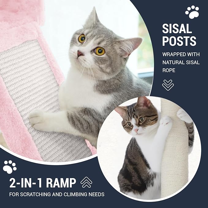 Allewie 68 Inches Cat Tree/House and Towers for Big Feline/Scratching Post/Multi-Level Large Kitty Climbing Tree with Condo/Pink-PawvioPets