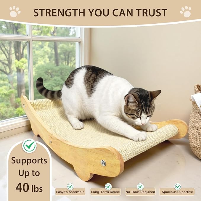 2-in-1 Sisal Cat Scratcher Bed for Indoor Large Cats – Hammock Lounge with Natural Sisal Pad, Wooden Cat Furniture for Scratching and Resting-PawvioPets