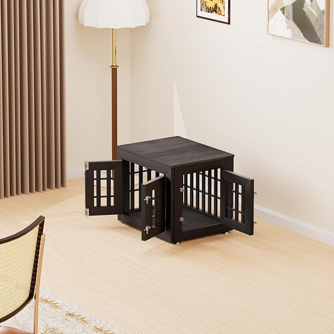 26" Heavy Duty Dog Crate Furniture for Small,Medium and Large Dogs,Rustic Wooden Dog Cage Kennel Indoor Furniture with Waterproof Top,Decorative Pet House Side End Table (Black & Grey)-PawvioPets