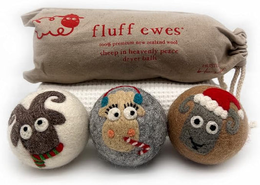 Fluff Ewes Wool Dryer Balls 3 Pack Premium New Zealand Wool Laundry Balls for Dryer, No Static Dryer Balls Laundry Reusable, XL Christmas Dryer Balls, Holiday Dryer Balls - Sheep in Heavenly Peace-PawvioPets
