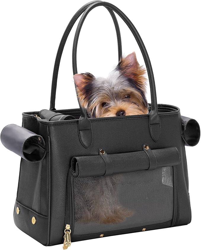 Fashion Pet Carrier Purse for Small Cat and Dog, Luxury Pu Soft-Sided Tote Bag with Large Pockets for Dogs and Puppies (Black, 15.8" L x 7.5" W x 11.8" H)-PawvioPets