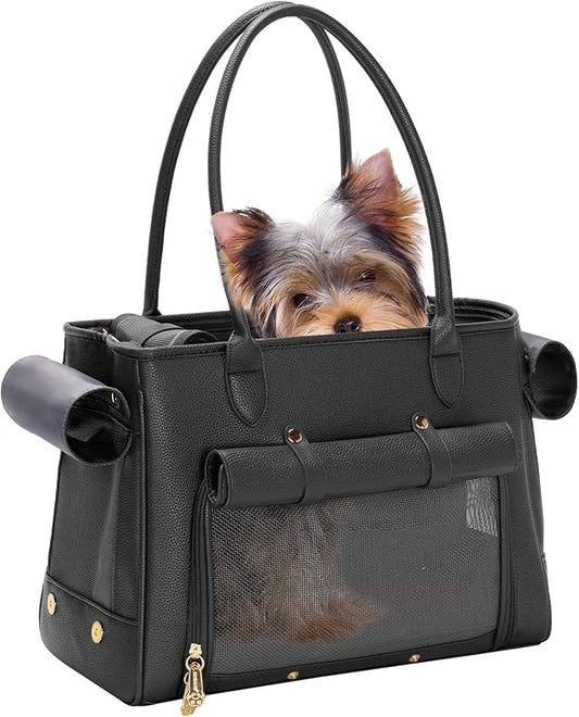 Fashion Pet Carrier Purse for Small Cat and Dog, Luxury Pu Soft-Sided Tote Bag with Large Pockets for Dogs and Puppies (Black, 15.8" L x 7.5" W x 11.8" H)-PawvioPets