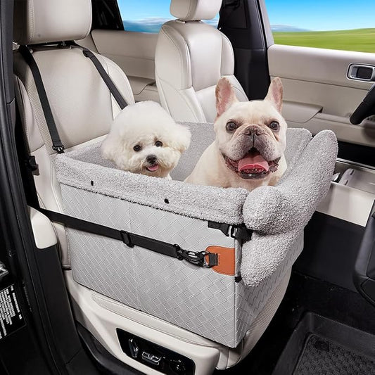 Dog Car Seats for Small Medium Dogs,PU Leather Car Seat Boosters,Foldable Puppy Cat Carseats (Grey, Medium Dog)-PawvioPets