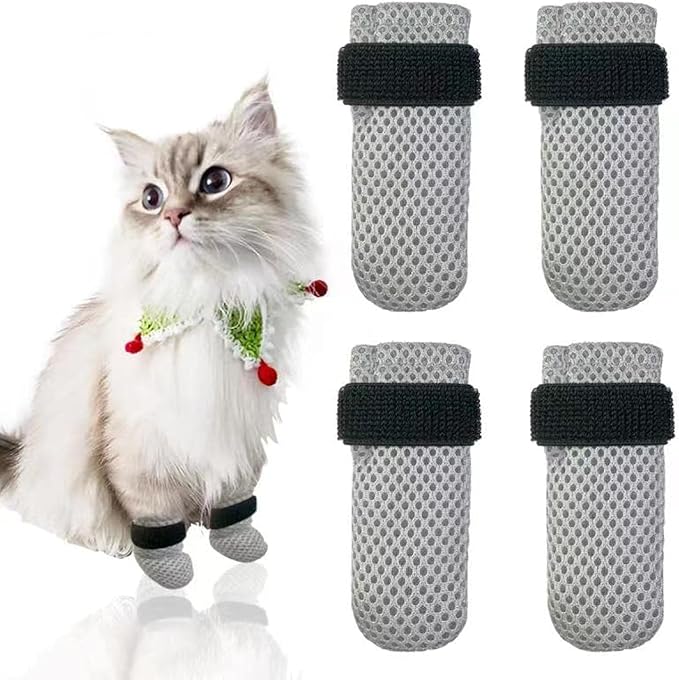 4 PCS Cat Mittens to Prevent Scratching,Mesh Breathable Cat Shoes,Adjustable Cats Anti Scratch Gloves,Suitable for Cats When Bathing and Nail Trimming(M,Grey)-PawvioPets