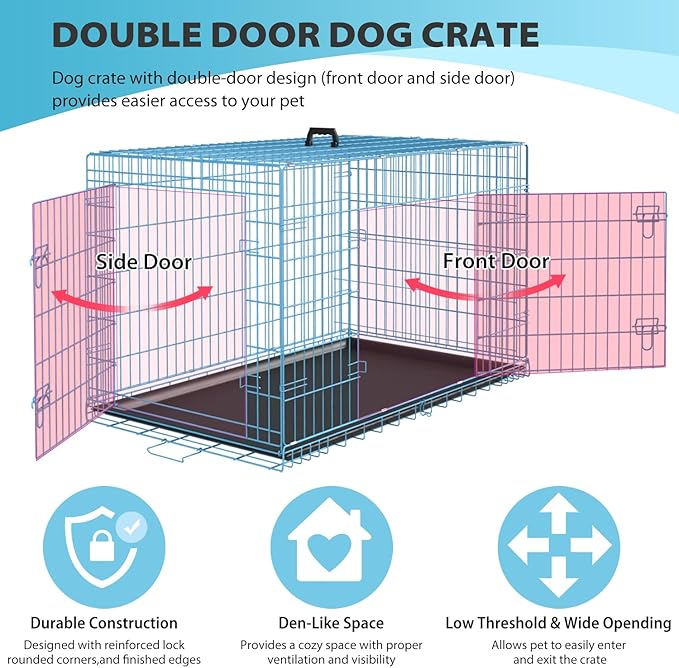 BestPet | Dog Crate | 36" | Blue | Foldable Metal Kennel with Double Doors, Secure Slide-Bolt Latches, Leakproof Tray | Portable Dog Cage for Medium Sized Breeds | for Travel, Indoor & Outdoor Use-PawvioPets