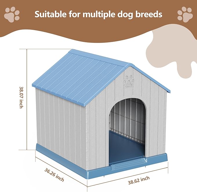 DRATO Indoor Outdoor Waterproof Dog House,PP Material,Puppy Shelter with Air Vents and Elevated Floor,Sturdy Dog Kennel for Small to Large Sized Dogs, Easy to Assemble (Blue, 38.62×36.26×38.07 Inches)-PawvioPets