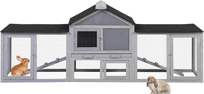 82.5” Large Wooden Rabbit Hutch Outdoor Easy to Assemble Rabbit Cage and Durable Bunny Hutch Indoor with Cleaning Tray & Waterproof Roof for Small and Medium Bunny Rabbit Chick (Grey)-PawvioPets