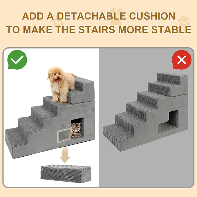 Dog Stairs for Small Dogs 27”H, 6-Step Dog Steps for High Bed, High-Density Foam Pet Stairs with Non-Slip Removable Washable Cover to Get on Bed(Grey)-PawvioPets