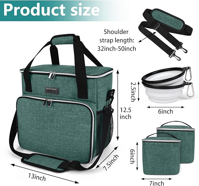 BAGLHER Pet Travel Set Airline-Approved Carrier for Small/Medium Cats & Dogs + Travel Bag with Food Containers & Silicone Bowls, Grey & Green-PawvioPets