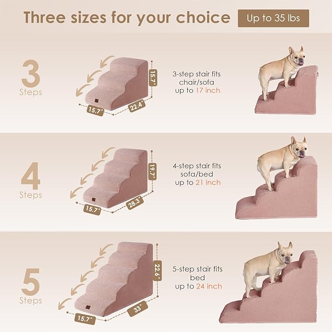 EHEYCIGA Curved Dog Stairs Ramp for High Beds 19.7" H, 4-Step Dog Steps for Small Dogs and Cats, Pet Stairs for High Bed Climbing, Non-Slip Balanced Pet Step Indoor, Dusty Pink-PawvioPets