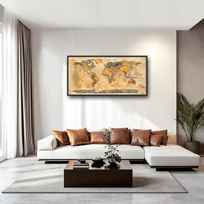 Extra Large World Map Framed Wall Art for Living Room,Oversized Vintage Map of The World Pictures Wall Decor,Canvas Print Painting Modern Artwork Bedroom Office Bathroom 60L" x 30W"-PawvioPets