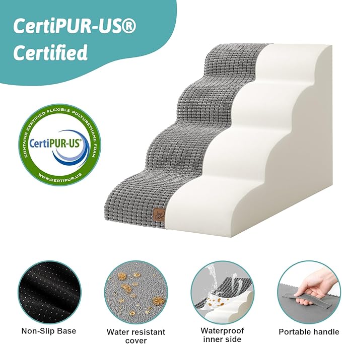 Dog Stairs for Small Dogs 19.7" H, Curved Dog Step for Puppy, Older or Cat, Medium Pet Ramp for Sofa, Couch or Bed, Ladder with High Density Foam, 15.7x28.3x19.7 inch, 4 Step, Light Grey-PawvioPets
