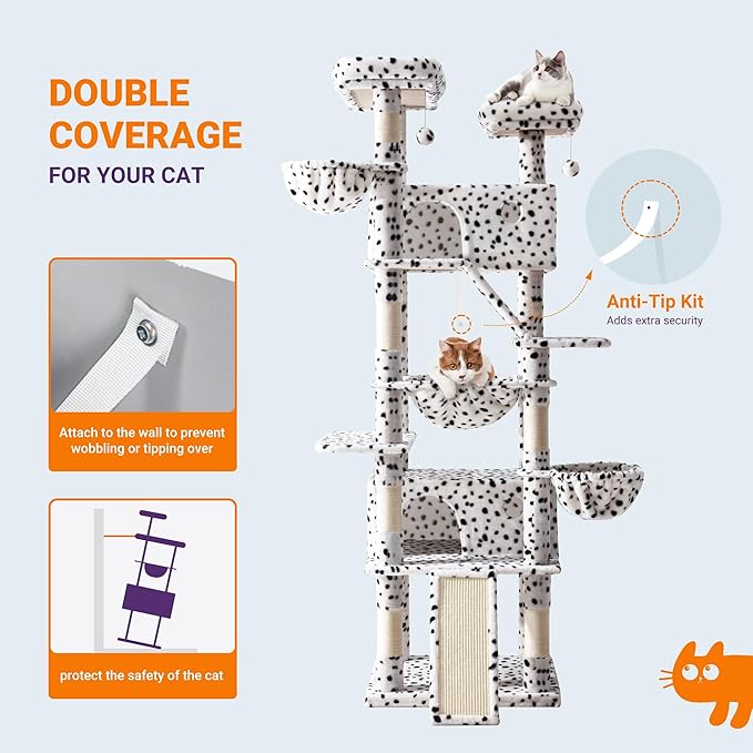 Allewie 81 Inches Tall Cat Tree/Multi-Level Large Climbing Tree House and Towers for Big Feline/Condo and Hammock/Scratching Post/Wide Base/White & Black Spot-PawvioPets