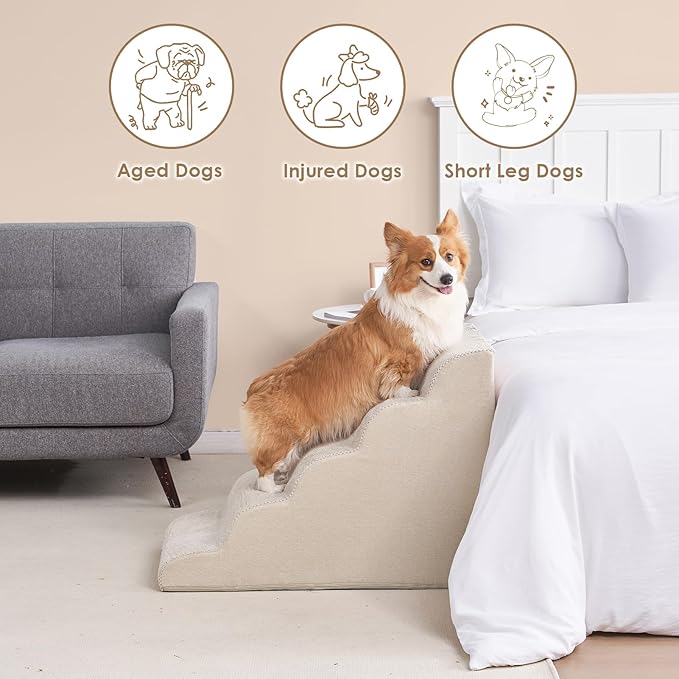 EHEYCIGA Curved Dog Stairs Ramp for High Beds, 5-Step Extra Wide Dog Steps for Small Dogs and Cats, Pet Stairs for High Bed Climbing, Non-Slip Balanced Pet Step Indoor, Beige-PawvioPets