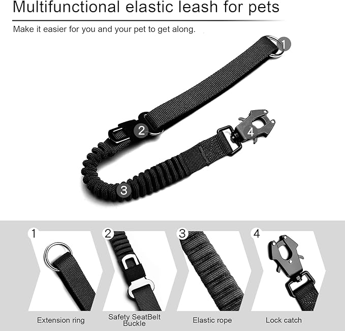 20” Strong Short Leash for Dog, Heavy Duty Bungee Dogs Leash with Padded Handle Car Seatbelt, Small Dog Training Leashs for Large or Medium Dogs - Can be Used with Other leashes (Black)-PawvioPets