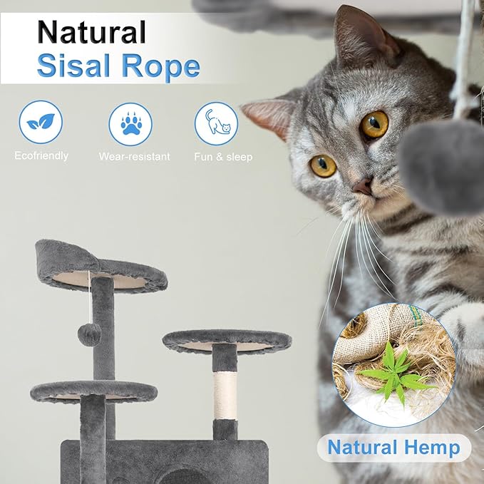 FDW Cat Tree 54in Cat Tower Multi-Level Durable Cat Scratching Post & Cozy Fun Cat Jumping Platform Space Saving Cat Condo Pet Play House for Indoor Cats,Light Gray-PawvioPets