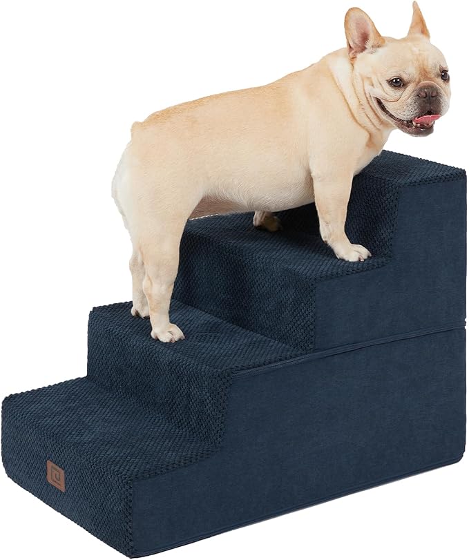 EHEYCIGA Dog Stairs for Bed 18" H, 4-Step Dog Steps for High Bed, Pet Steps for Small Dogs and Cats, Non-Slip Balanced Pet Ramp Indoor, Navy Blue-PawvioPets