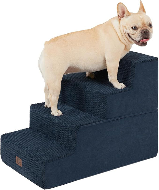 EHEYCIGA Dog Stairs for Bed 18" H, 4-Step Dog Steps for High Bed, Pet Steps for Small Dogs and Cats, Non-Slip Balanced Pet Ramp Indoor, Navy Blue-PawvioPets
