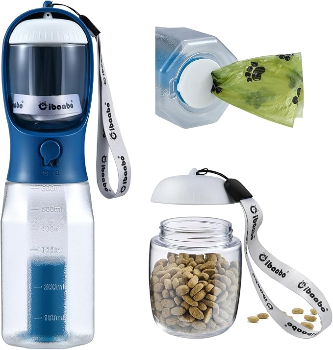 Dog Water Bottle with Food Container & Poop Bag Holder, Travel Water Bowl, Portable Pet Dispenser, Dog Stuff Accessories Items, Puppy Essentials Necessities for Walking Hiking Dog Gift-PawvioPets
