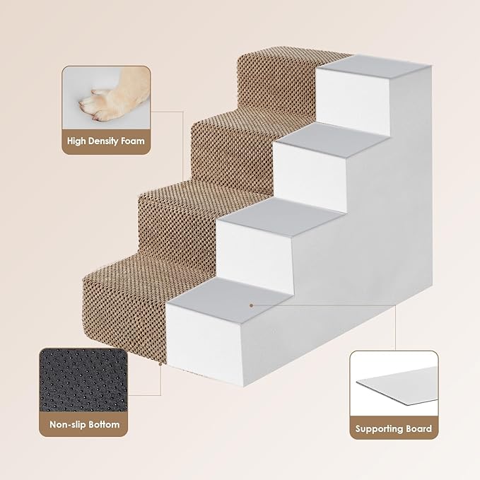 EHEYCIGA Dog Stairs for Bed 18" H, 4-Step Dog Steps for High Bed, Pet Steps for Small Dogs and Cats, Non-Slip Balanced Pet Ramp Indoor, Camel-PawvioPets