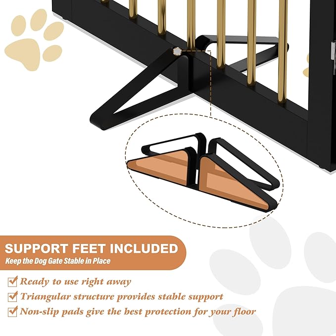 Freestanding Pet Gate for Dogs, Foldable Wooden Dog Gate for House, Indoor Dog Gate for Doorways, Stairs, Step Over Pet Puppy Safety Fence, Support Feet Included,24" Height 3 Panels,Black&Gold-PawvioPets