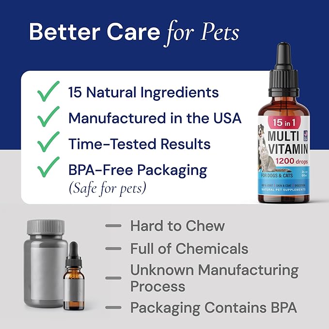 Advanced 15-in-1 Multivitamin for Dogs & Cats - Premium Liquid Supplement with Glucosamine, Vitamin B Complex and Cranberry for Joint, Digestive, Skin, Immune & UTI Support - 2.0 Fl Oz - Made in USA-PawvioPets