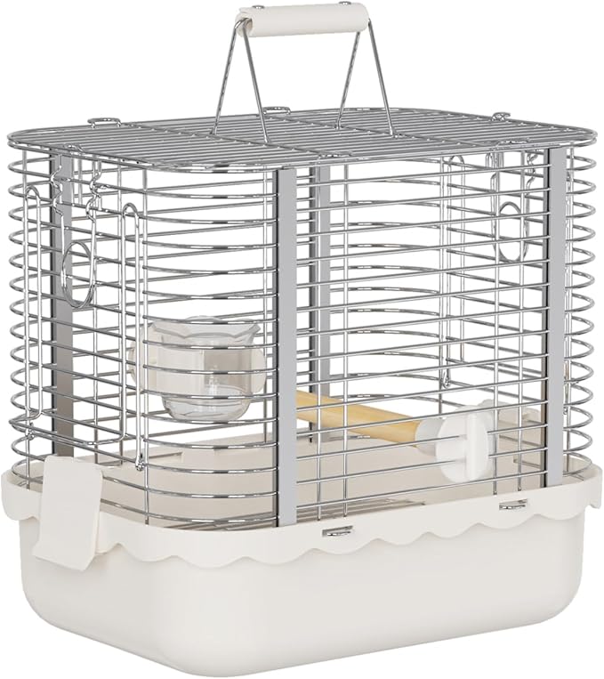 Bird Carrier Travel Cage, Durable Portable Stainless Steel Birdcage with Bird Perch & Feeding Bowl for Parrots Canaries Budgies Lovebirds Conures Cockatiels (Small White)-PawvioPets