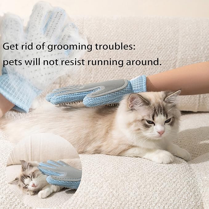 2 Pcs [2-in-1] Pet Hair Removal Gloves - Five Finger Massage Design Pet Beauty Gloves, Suitable for pet dogs and cats to prevent hair tanglings (Blue)-PawvioPets