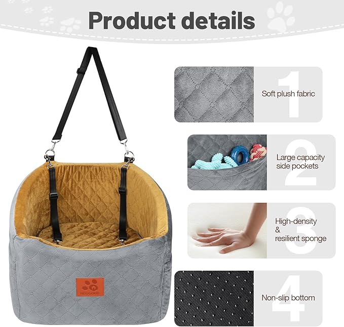 Dog Car Seat for Small Medium Dogs, Memory Foam Booster Car Seat for Dogs up to 35 lbs, Elevated Pet Car Seat, Travel Safety Bed with Washable Removable Cover and Storage Pockets(Gray/Coffee)-PawvioPets