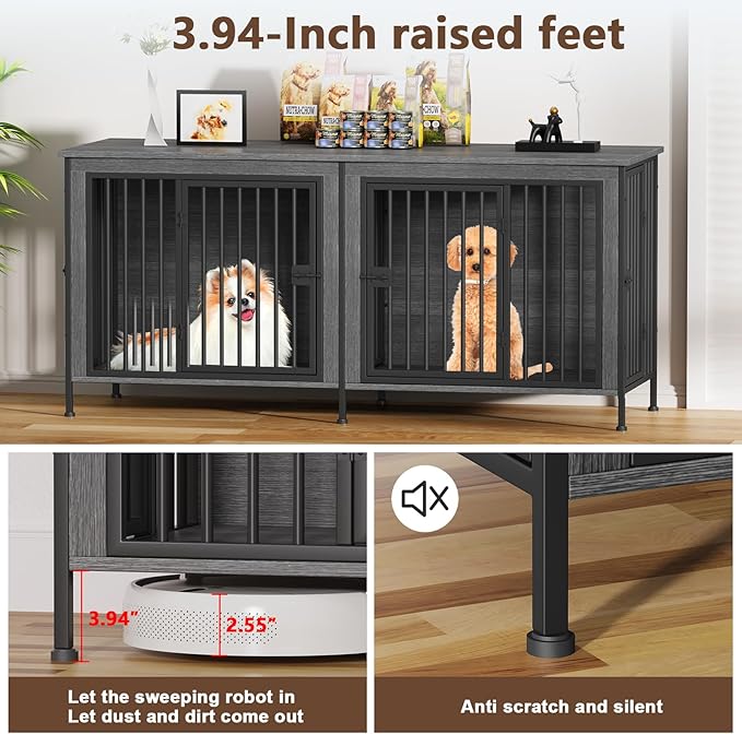 EasyCom 63" Dog Cage Furniture for 2 Pets with Divider, XL Wooden Double Dog Crate Furniture TV Stand for Mideum Breed, Durable and Sturdy-PawvioPets