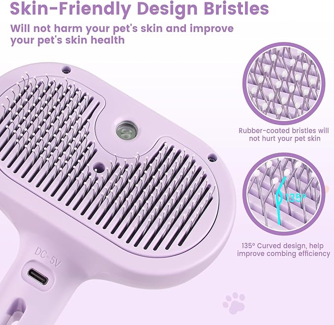 3 in 1 Cat Steam Brush, Pet Spray Hair Removal Comb for Shedding & Grooming, Water Brush for Cats Dogs Small Animals Long Short Haired with One-Click Release Button(Purple)-PawvioPets